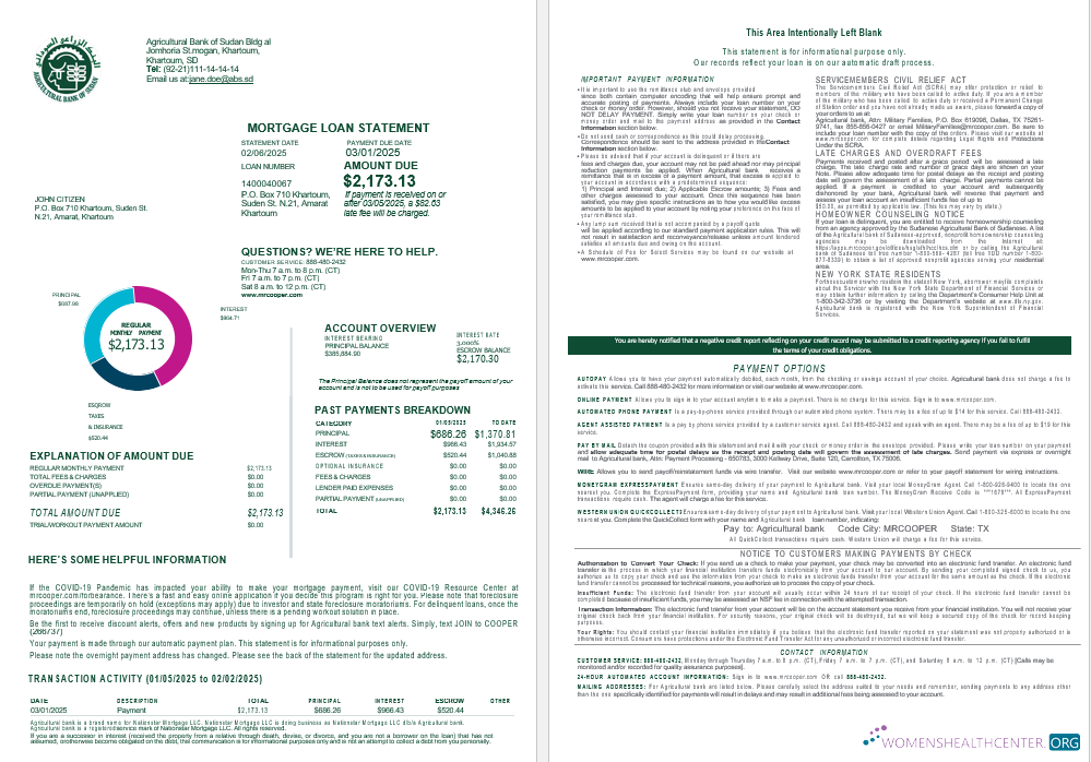 Sudanese Agricultural Bank of Sudanese bank mortgage loan statement in Word and PDF formats , 4 pages 1 2